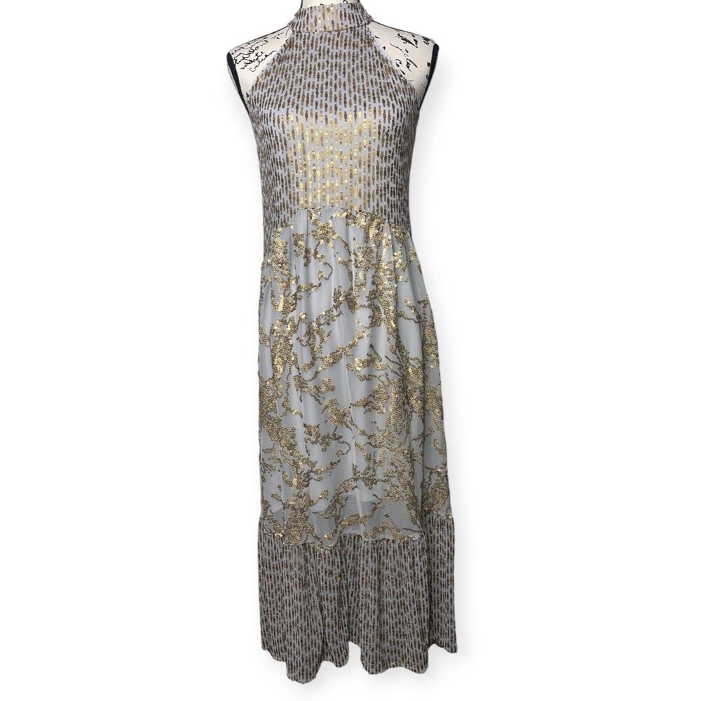 Cupio Sequin Halter Hi Lo Midi Dress Womens SM Gun Metal Gold Ruffle Romantic